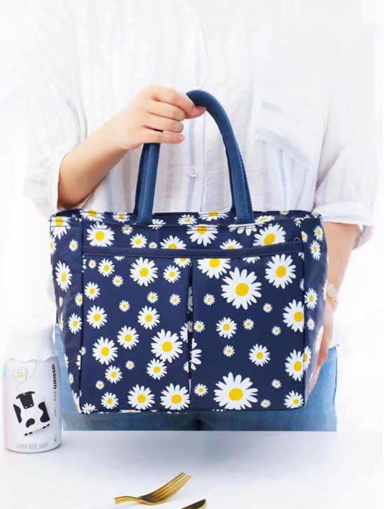 Daisy Print Insulated Lunch Bag with Zip Closure and Outside Pockets